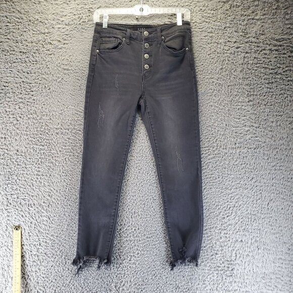 Risen Jeans Womens Size 27 Black High Rise Distressed Raw Hem Button Fly Stretch - Picture 1 of 12